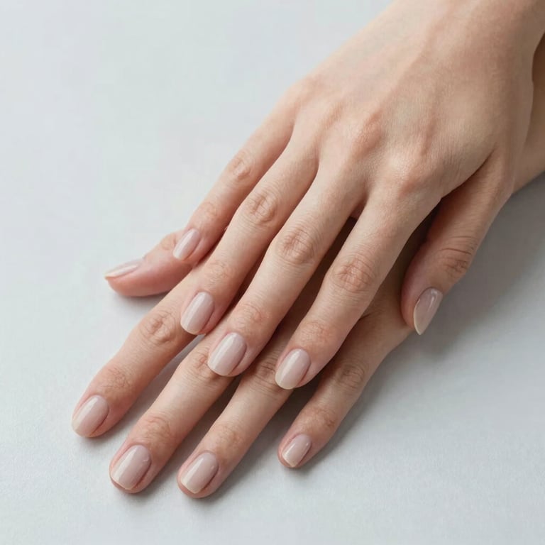 Beautifully manicured hands with a neutral polish resting on a clean #C1CDD4 surface.