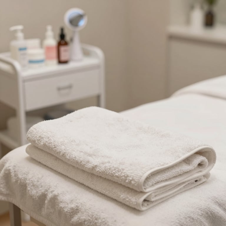 A relaxing pedicure station with soft #F2F4F7 towels and professional equipment.