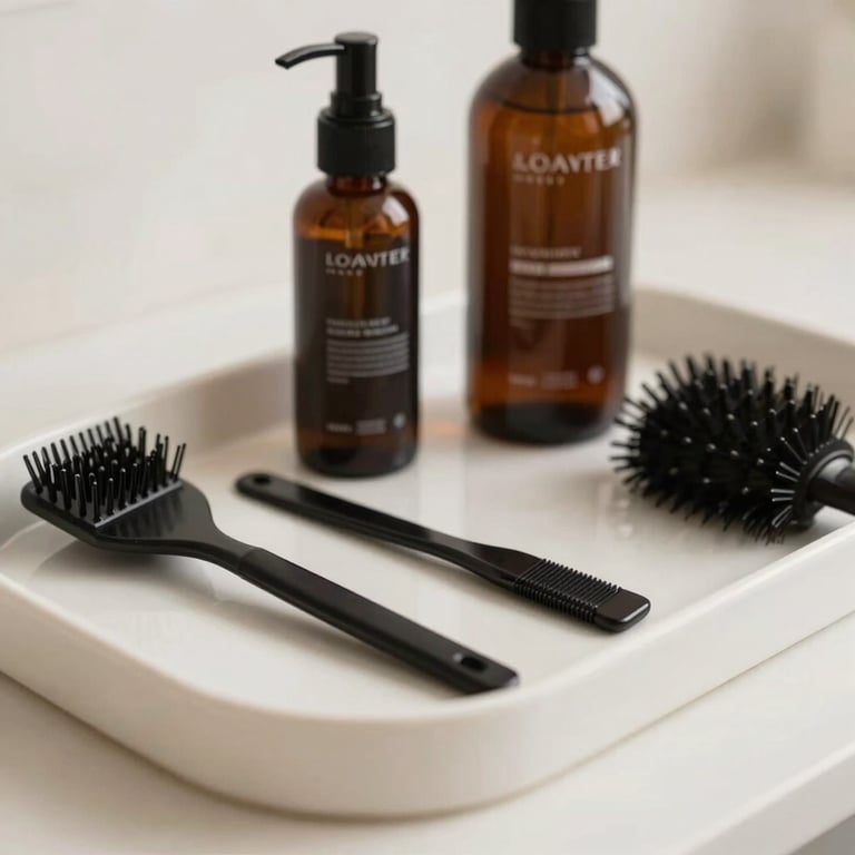 Detailed view of hair coloring tools and high-end products on a minimalist tray.