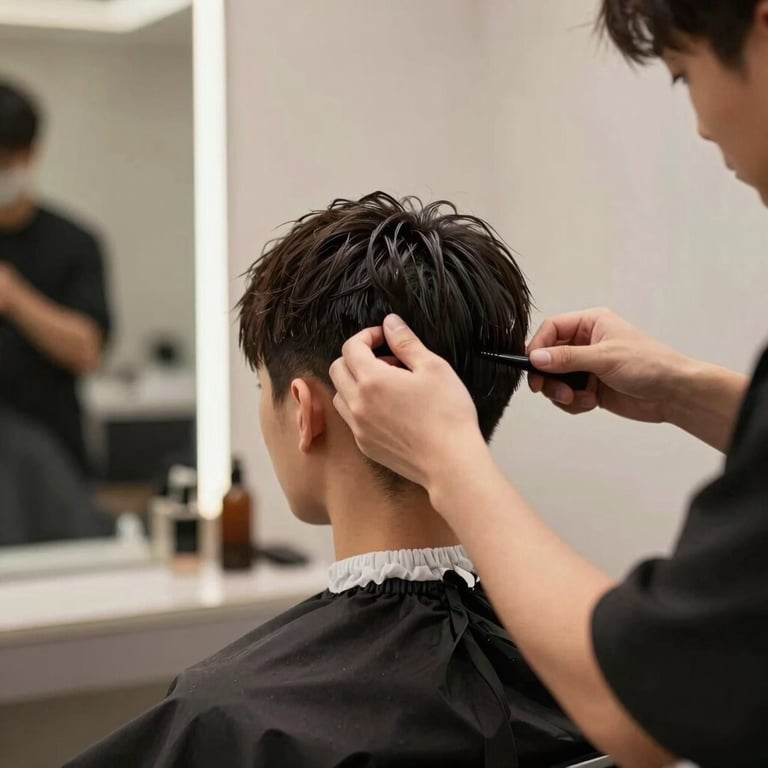 A stylist performing a precision haircut in a modern studio with #262A2D accents.