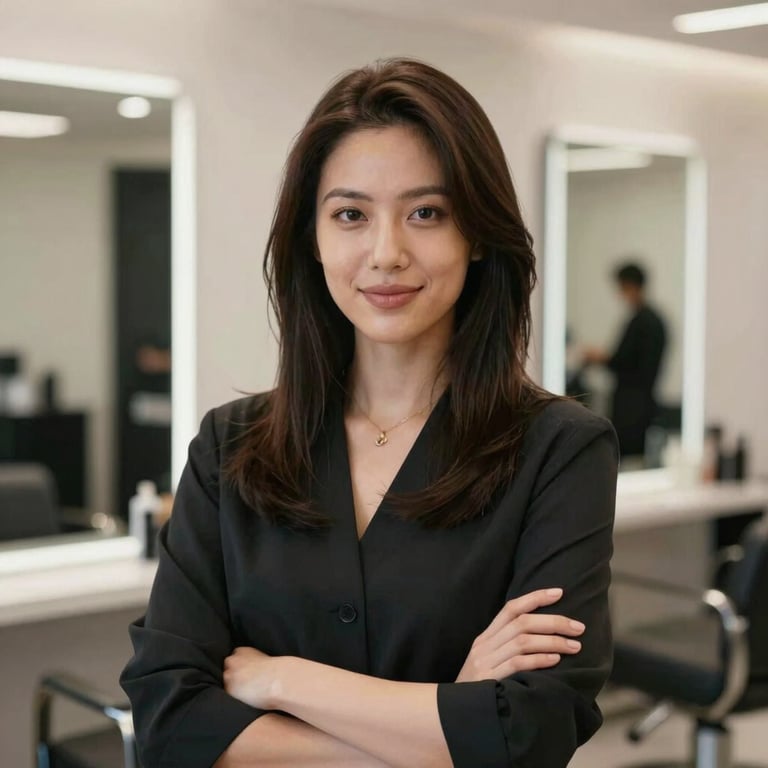 Portrait of a confident, professional stylist in a modern salon setting.