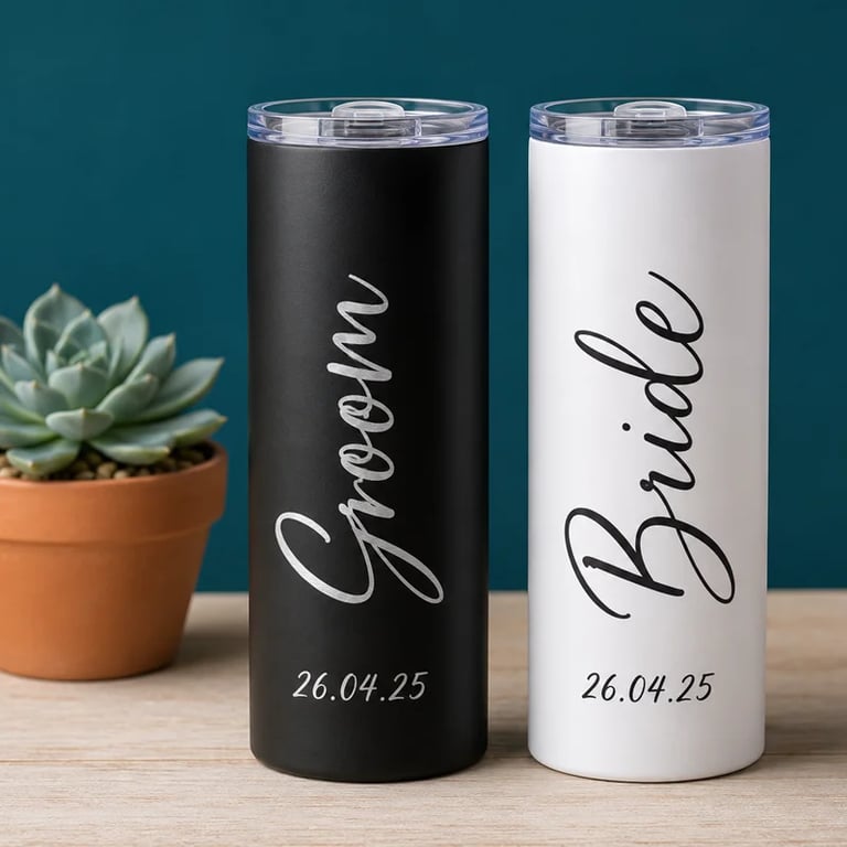 Pareja de termos personalizados para boda, negro para el novio y blanco para la novia, con fecha grabada.
