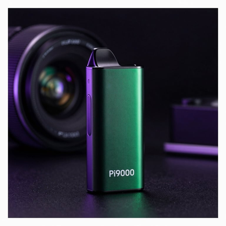 A sleek black Elfbar Pi9000 disposable vape in electric green color, positioned standing vertically with soft purple light highlighting its clean edges, professional product photoshoot style.