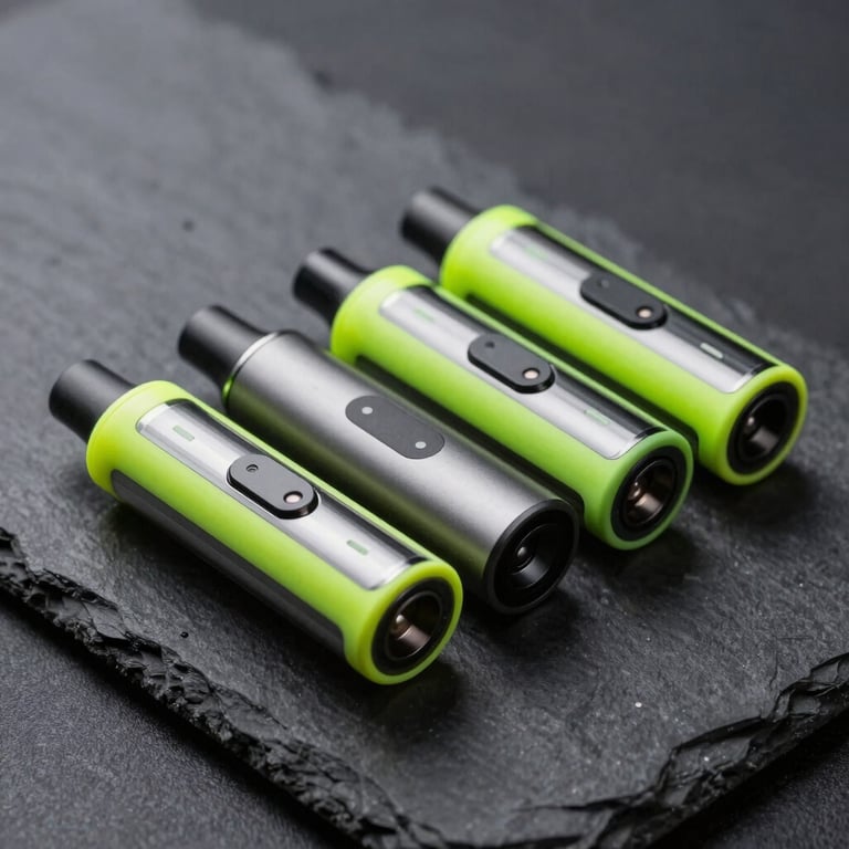 A sleek set of high-performance replacement vape pods with vibrant neon green rings, resting on a dark slate background, sharp focus, cyberpunk studio product lighting.