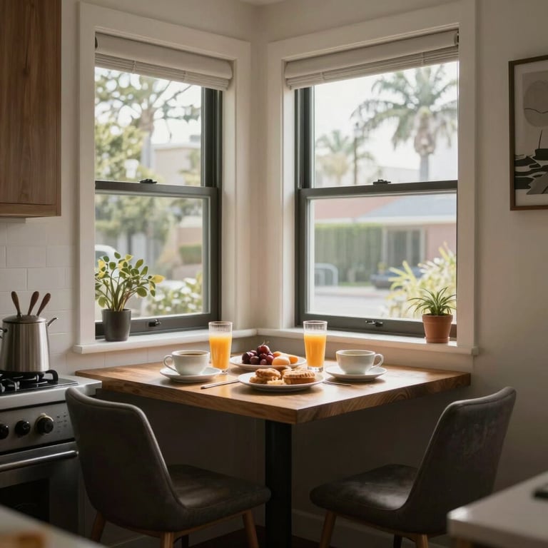 A beautifully lit breakfast nook next to a modern kitchen window in a stylish Los Angeles home.