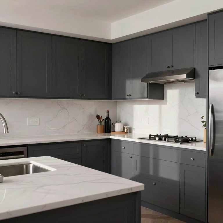 Modern Los Angeles kitchen with sleek charcoal gray cabinets and white quartz countertops under soft natural light.