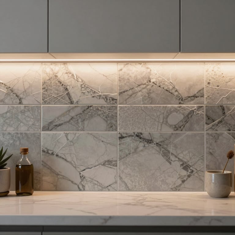 Contemporary kitchen backsplash with intricate tile work and under-cabinet LED lighting highlight.