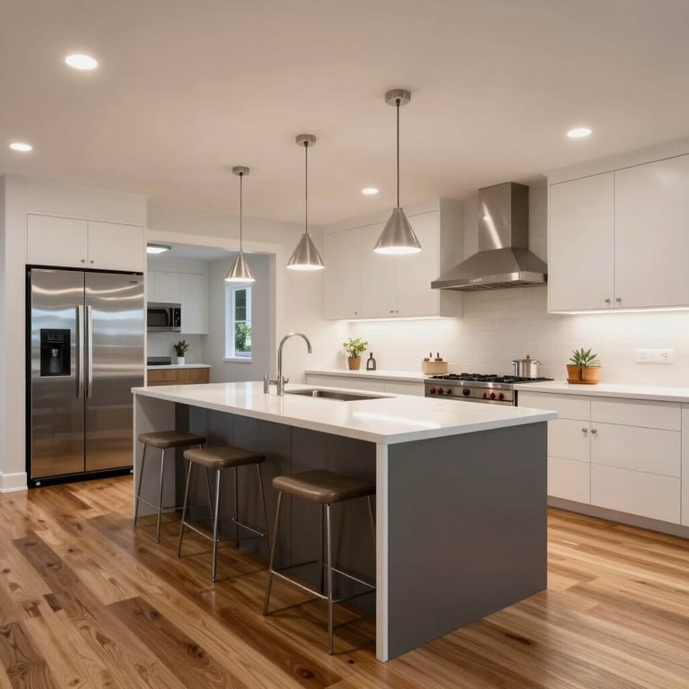Spacious open-concept kitchen in North American / US - Los Angeles with hardwood floors and a massive center island.