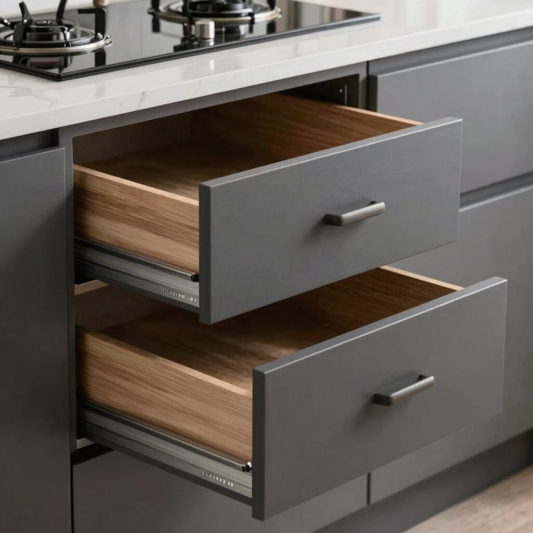 Luxury kitchen storage solution with custom-built dark charcoal pull-out pantry drawers.