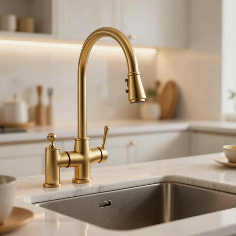 Close-up of a gold designer faucet over a deep farmhouse sink in an elegant warm white kitchen.