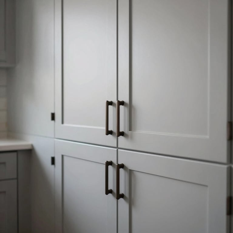 A residential kitchen transformation with sleek light gray painted cabinets and dark brown hardware.