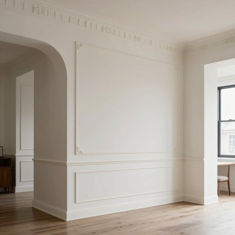 A perfectly painted modern living room with off-white walls and sand-colored accent molding, clean architectural lines, North American style.