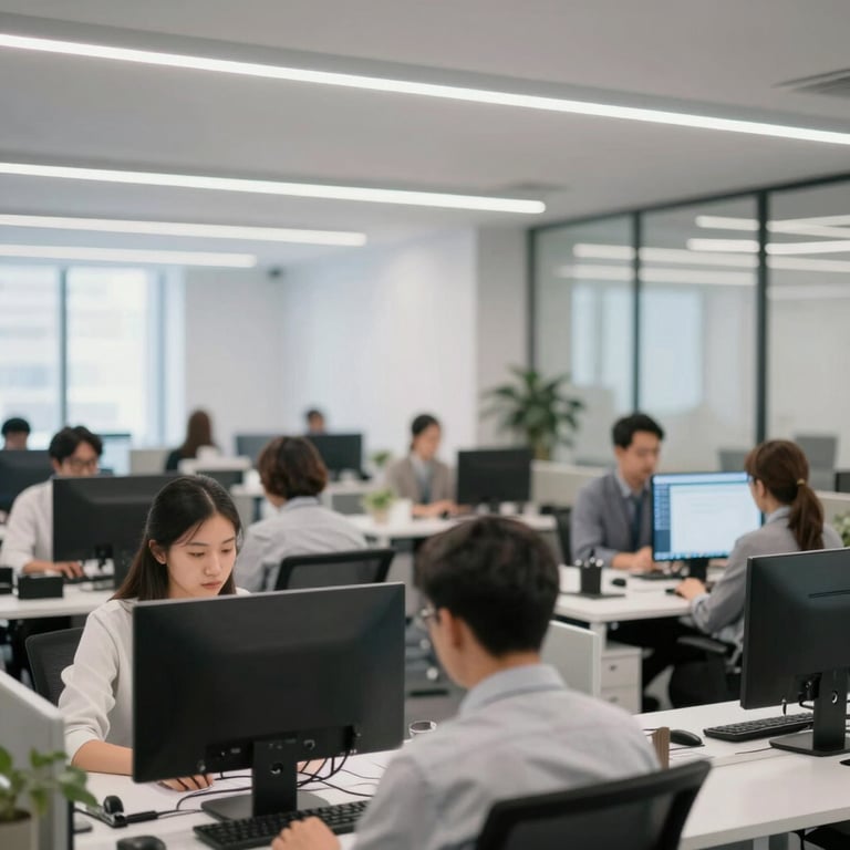 A wide shot of a modern, organized office workspace with professional staff working efficiently, clean lines and professional lighting.