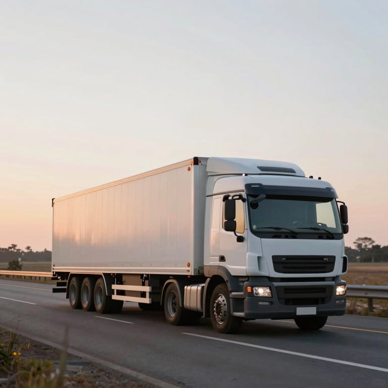A commercial logistics scene showing a truck on a clean highway at sunrise, symbolizing movement and commerce.