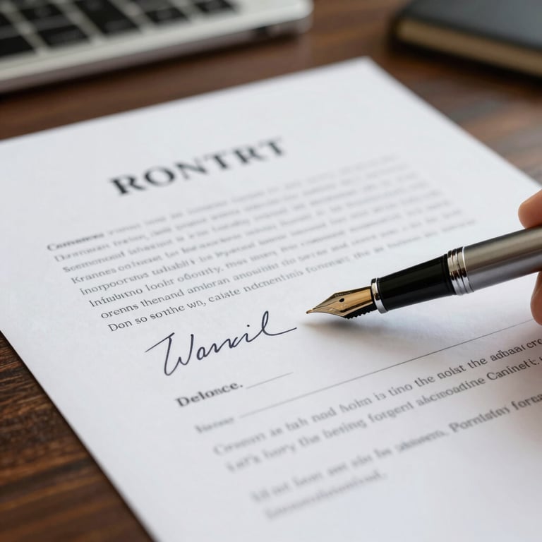Detail shot of a fountain pen resting on a signed commercial contract on a dark wood desk, conveying reliability.