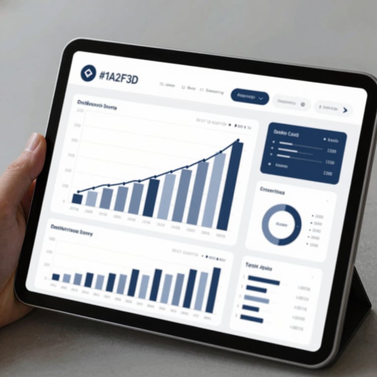 A digital tablet displaying growth charts and market analysis in a professional setting, with brand colors #1A2F3D subtly in the UI.