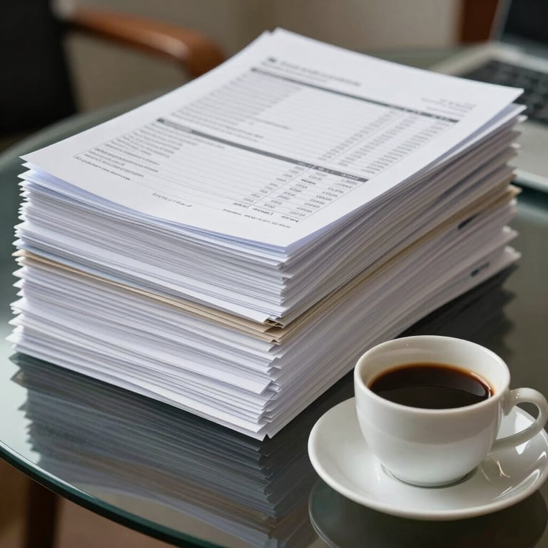 A cup of coffee and a neatly organized stack of financial folders on a glass table in a professional environment.
