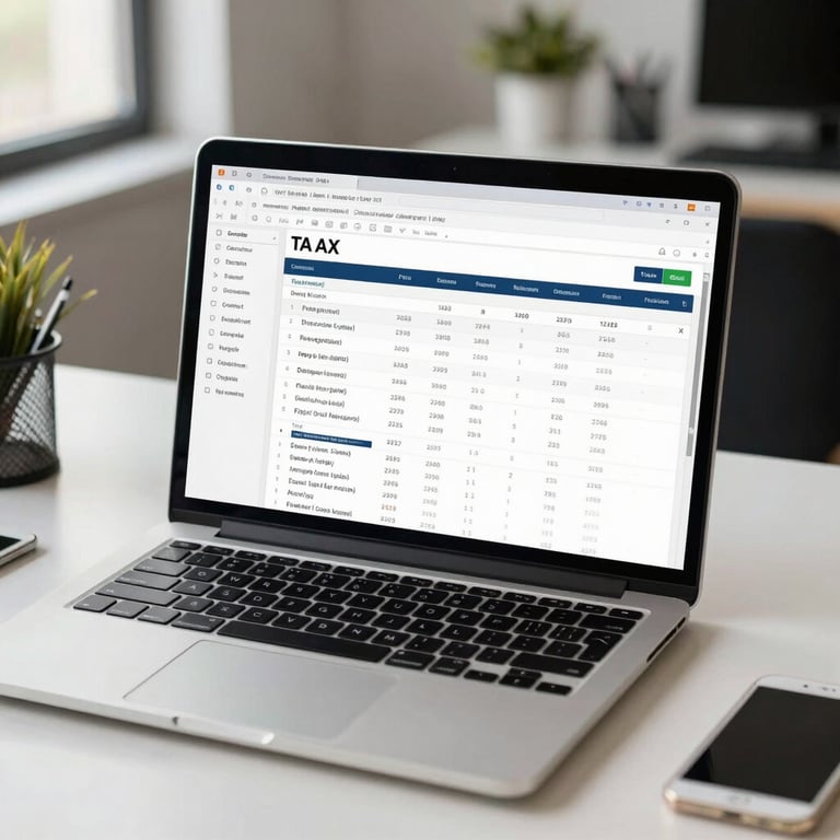 A high-end laptop on a white desk displaying a professional tax preparation interface, soft natural lighting, North American office.