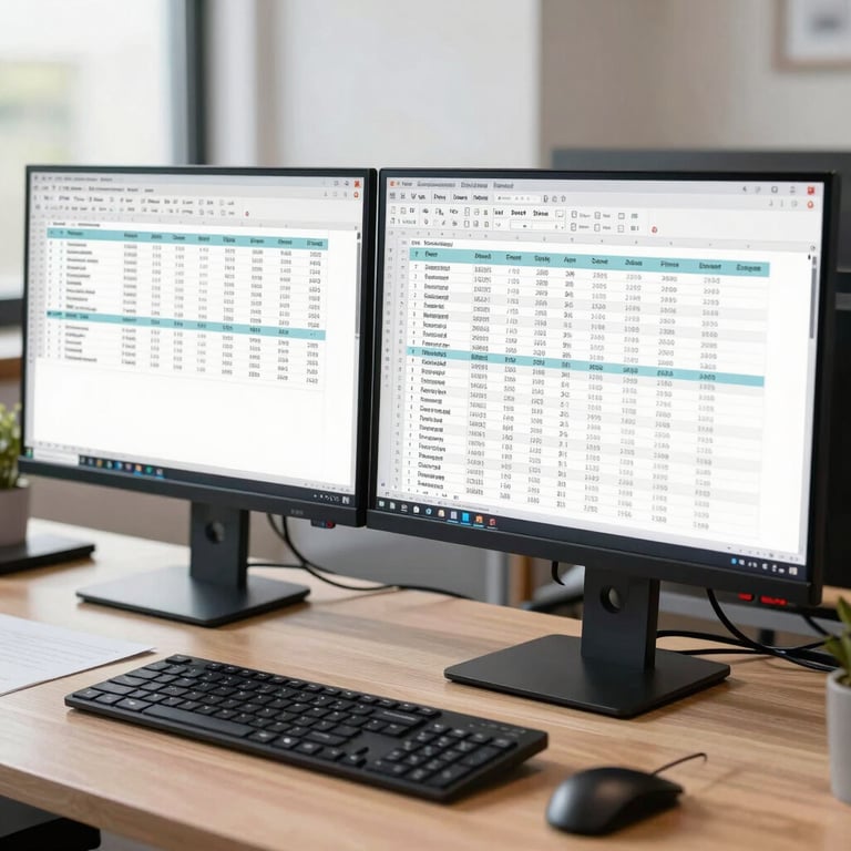A modern workspace with dual monitors showing organized spreadsheets and tax data in a bright North American setting.