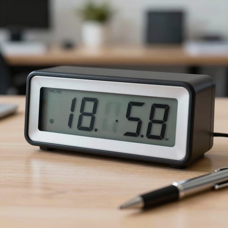 A close-up of a digital clock and a pen on a desk, symbolizing speed and precision in a professional US office.