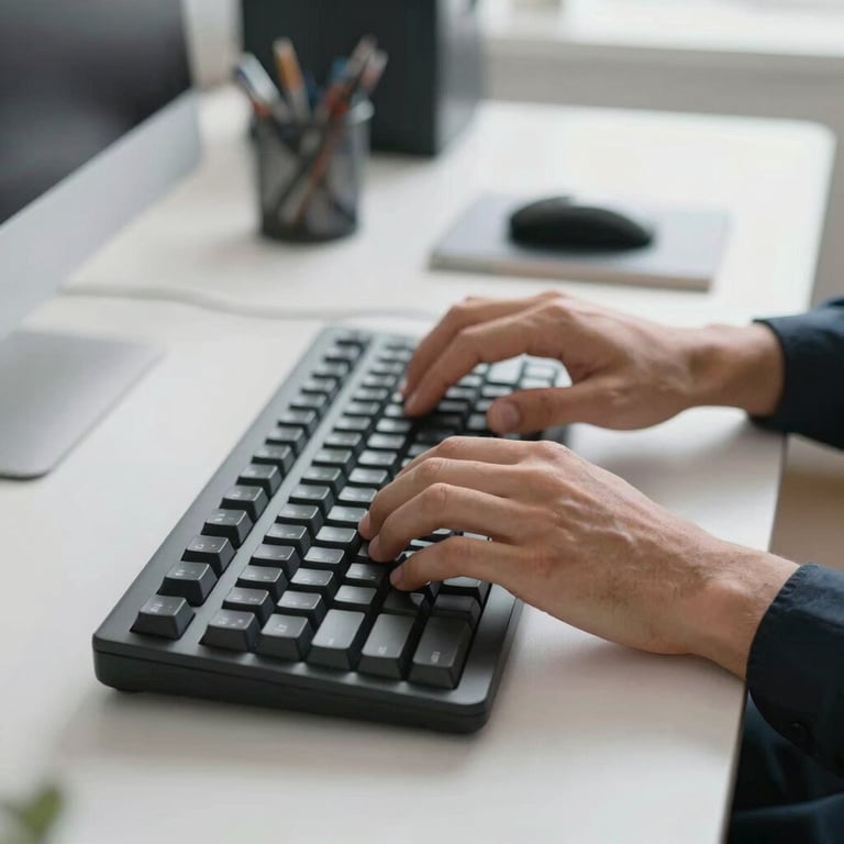 A detail shot of a professional's hands typing on a mechanical keyboard in a bright, modern US office space.