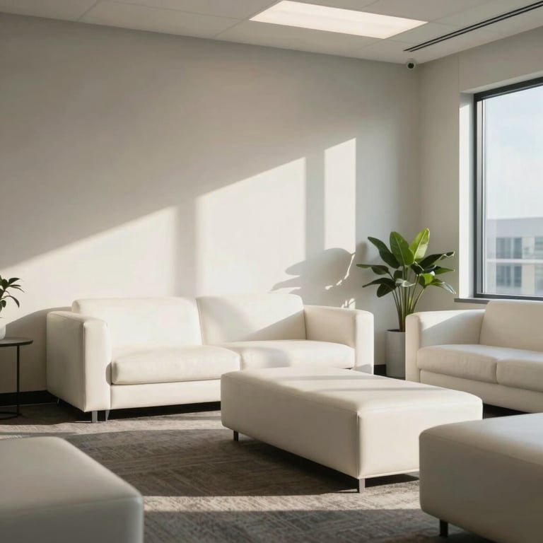 A sunlit North American waiting area in a professional consulting firm, featuring clean lines and cloud white furniture.