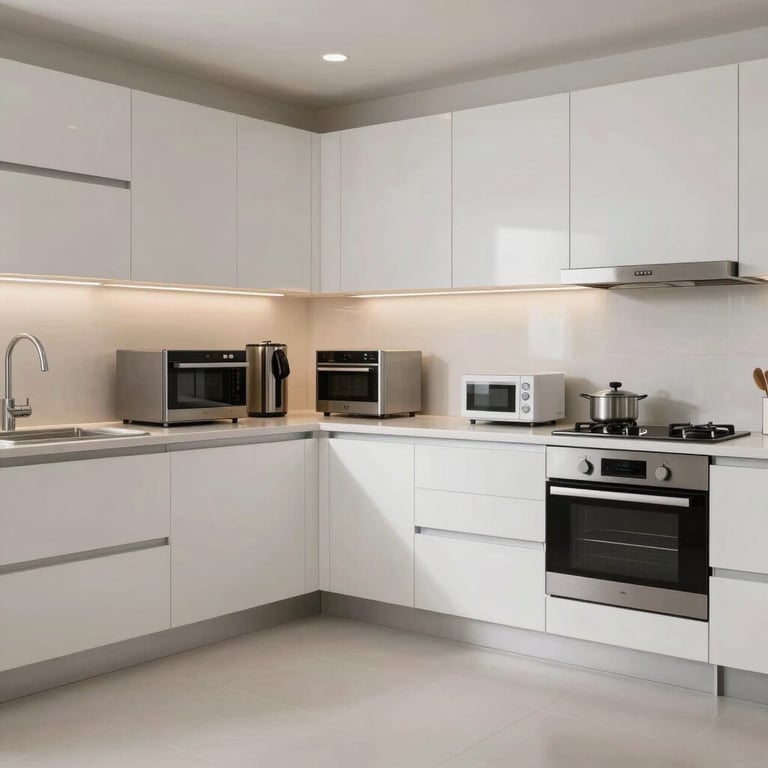 A wide shot of a clean, modern kitchen in Dubai with various appliances, showcasing a pristine and functional home environment.