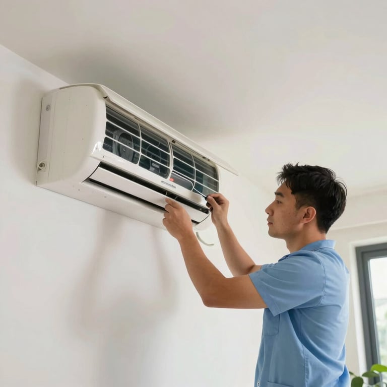 A professional technician performing air conditioner maintenance in a luxury Dubai villa, bright daylight, white and light blue color palette.