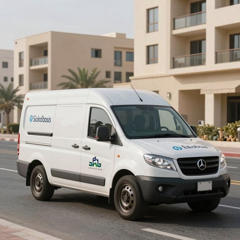 A branded service vehicle parked in a modern street in Dubai Silicon Oasis during the day, residential architecture in the background.