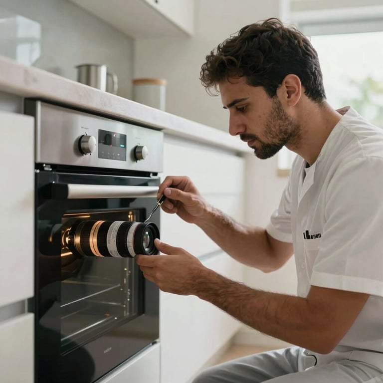 A technician in a professional uniform carefully repairing a built-in kitchen oven in a modern Middle Eastern / Gulf home.
