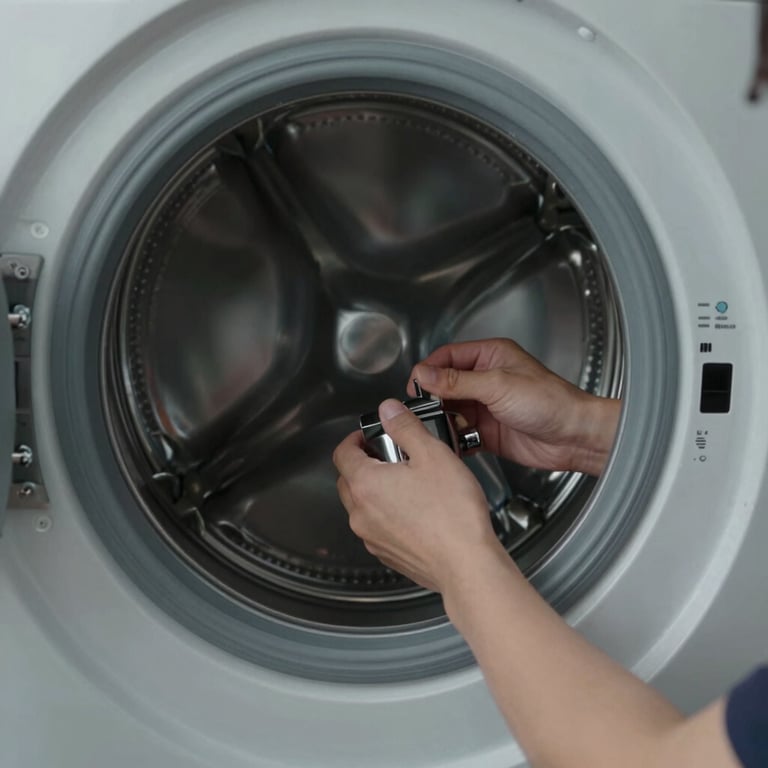 Detailed close-up of a technician repairing the drum of a modern metallic washing machine, clean professional environment, slate gray tones.