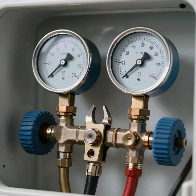 Close-up of pressure gauges and tools used for refrigerator maintenance, professional lighting, reflecting expertise and reliability.