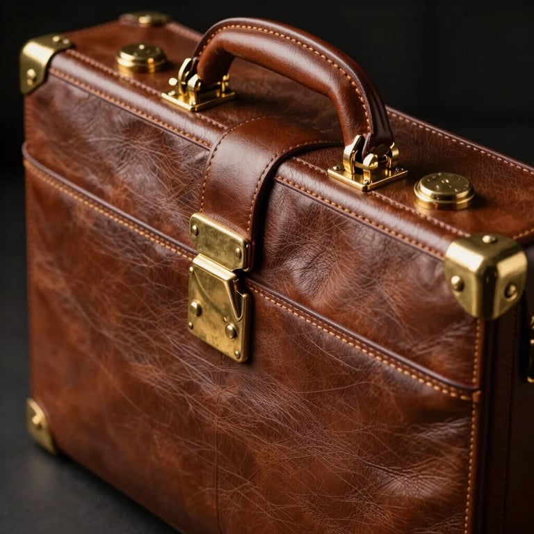 A luxury leather briefcase with polished brass hardware, high-end photography, sophisticated lighting.