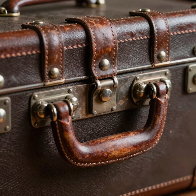Close-up of a restored vintage suitcase handle with clean, new stitching and gleaming rivets.