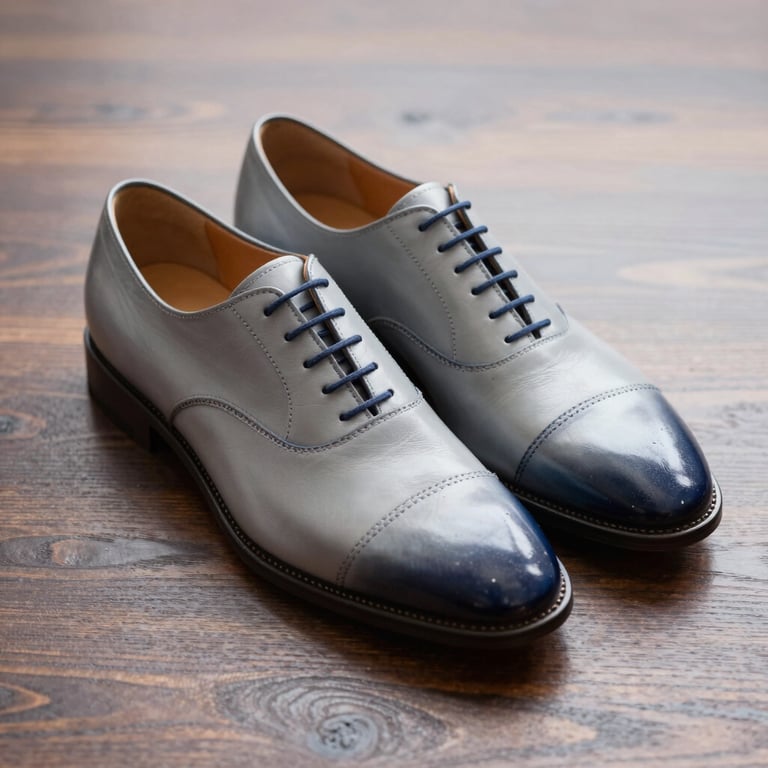 Polished classic leather oxfords on a dark wooden surface, elegant composition, light grey and navy tones.