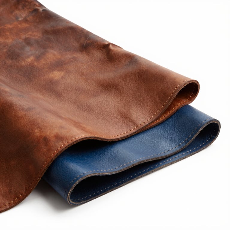 A collection of premium leather hides in bronze and steel blue colors, stacked neatly in a studio.