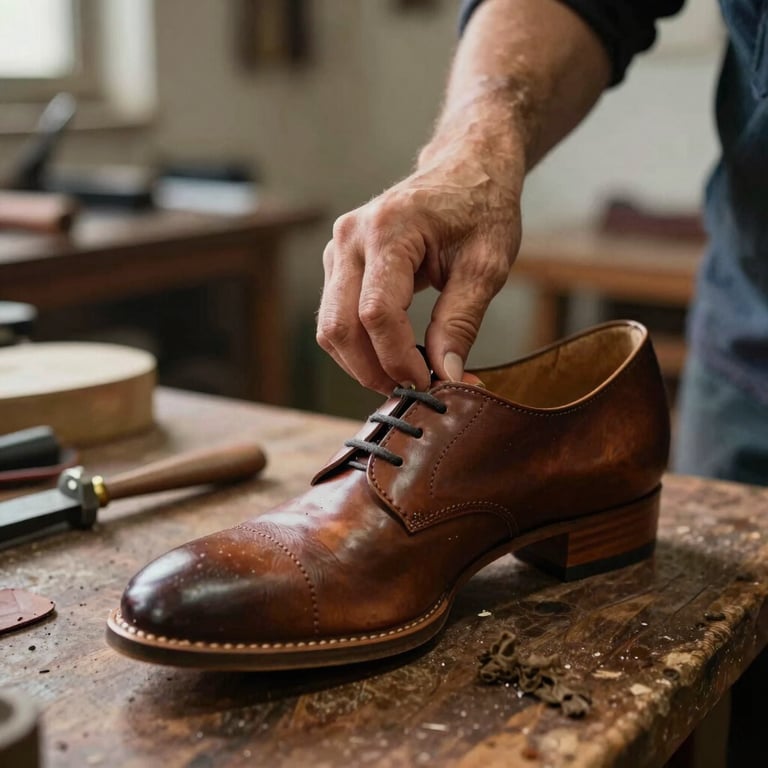 An artisan's hand stretching leather over a wooden shoe last, authentic Portuguese workshop scene.