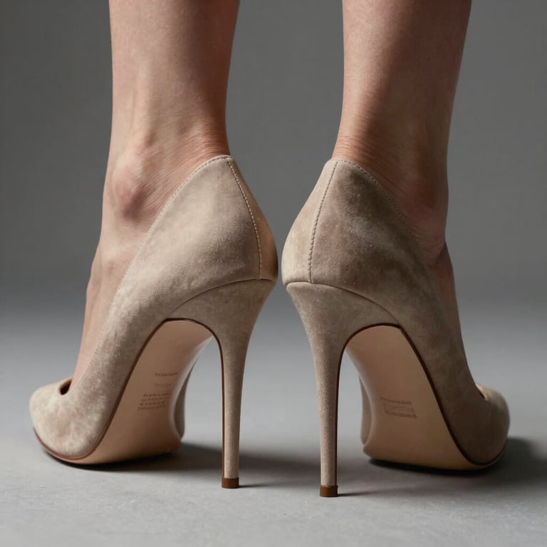 A pair of high-fashion designer heels after a professional sole and heel replacement, studio lighting.