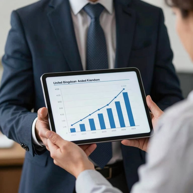 A professional consultant in the United Kingdom holding a tablet showing a steady growth chart, conveying expertise and reliability.