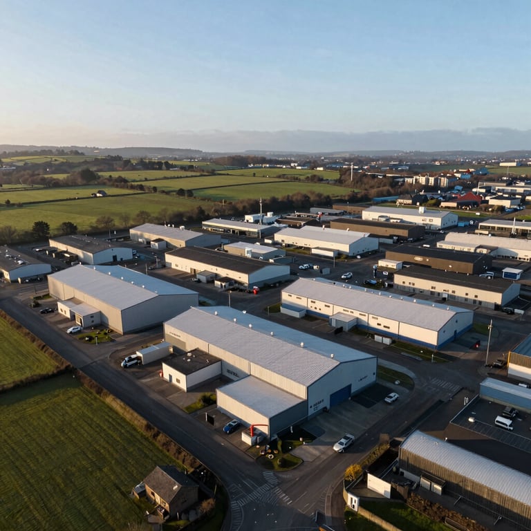 An aerial view of a structured and well-organized industrial estate in South Wales under a clear morning sky.