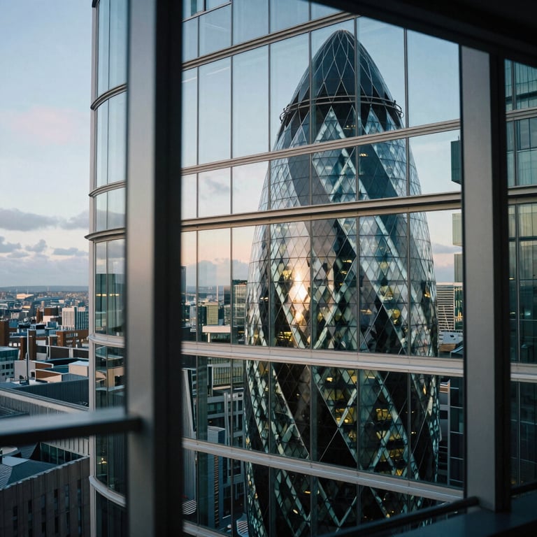 A modern cityscape view from a high-rise office window in the United Kingdom, reflecting the company's forward-thinking and established presence.