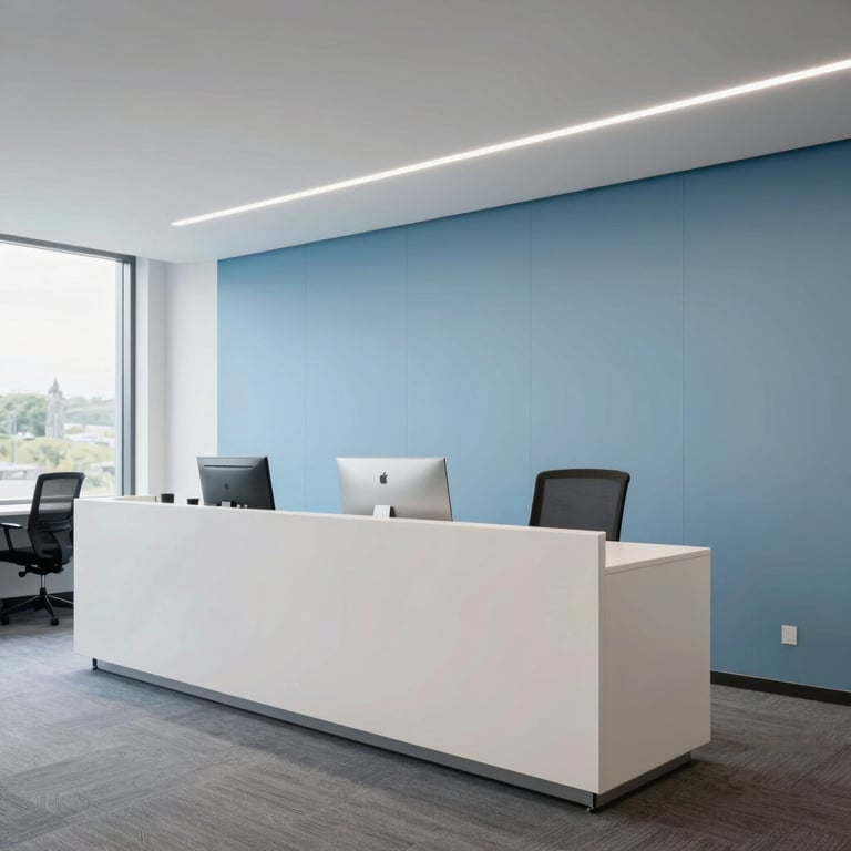 A sleek, modern office interior in Ebbw Vale, Wales, featuring clean lines and a professional atmosphere in light blue and off-white.