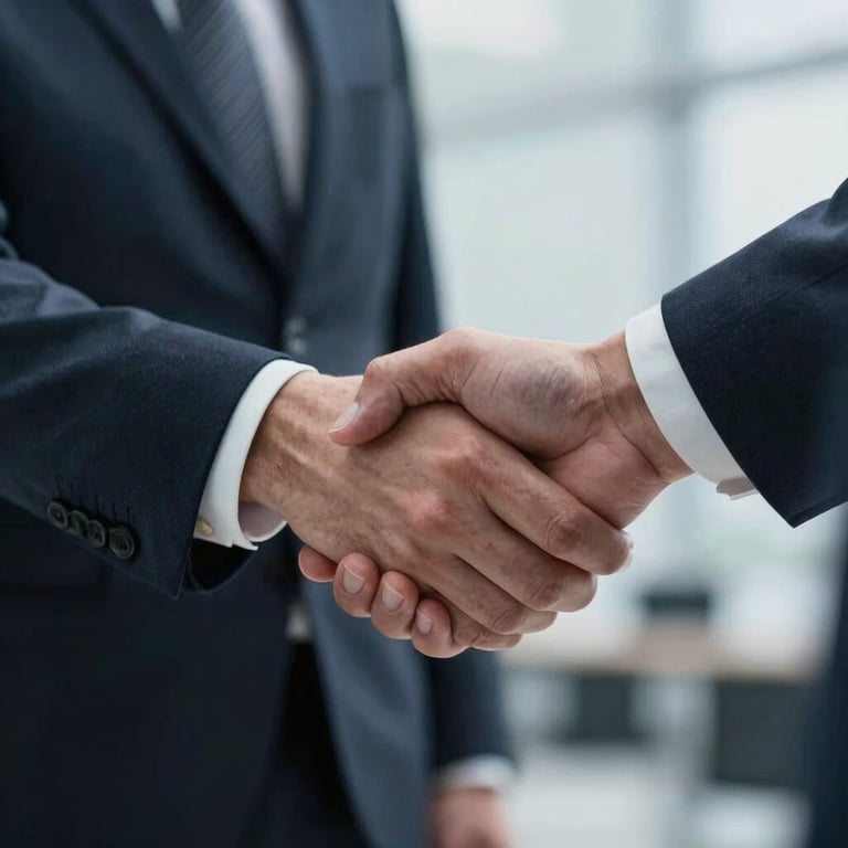 A close-up of a professional handshake in a United Kingdom corporate setting, with soft lighting and professional attire in charcoal blue tones.