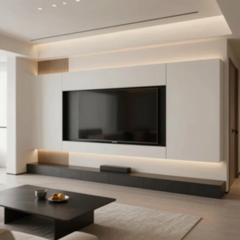 A modern living room featuring a custom-built drywall TV unit with minimalist lines and integrated lighting.