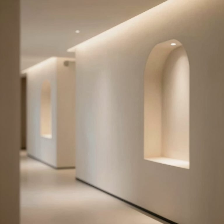 An interior shot of a hallway with decorative plasterboard niches lit by warm LEDs, showing creative potential.