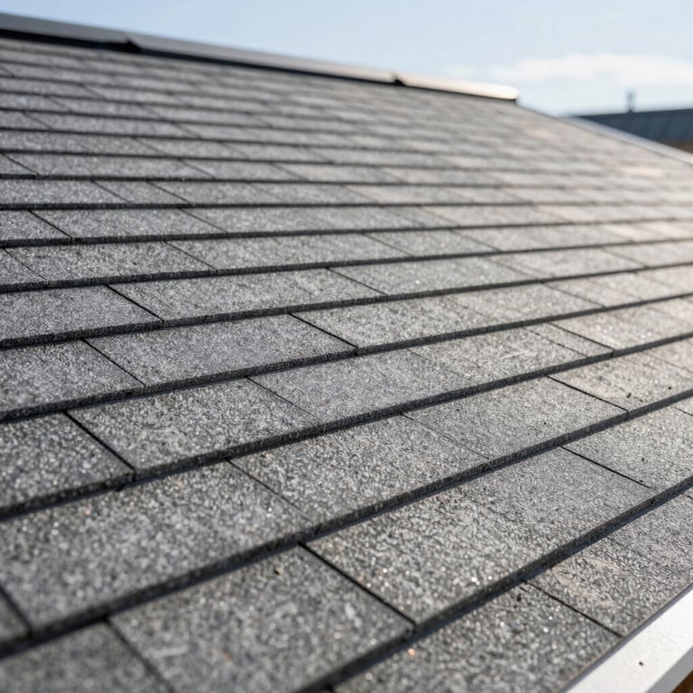Close-up of a new roof installation showing clean lines and high-quality gray shingles under bright sunlight.