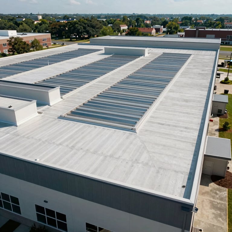 A large commercial building in Monmouth County with a newly installed flat roofing system, modern and professional look.