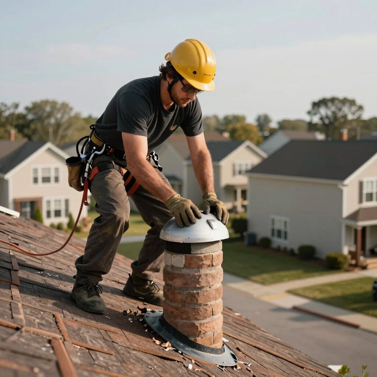 A roofer expertly repairing a chimney flash on a suburban home, North American setting, daytime lighting, professional detail.