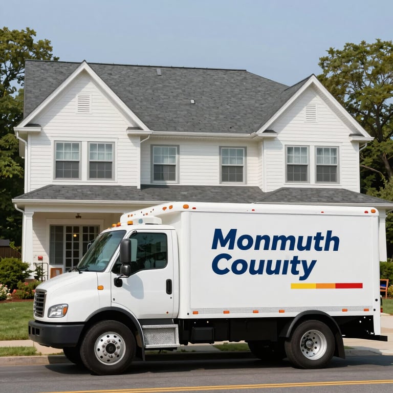 A Monmouth County Roofing service truck parked in front of a beautiful New Jersey residence, clean branding visible.