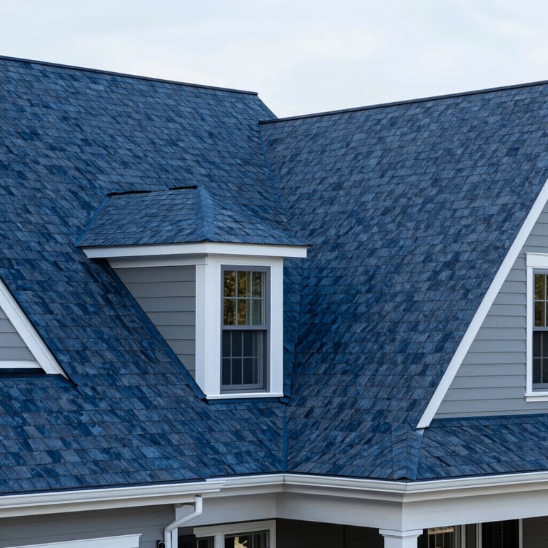 A completed residential roofing project in Howell, New Jersey, featuring dark blue shingles and white trim, professional architectural photography.